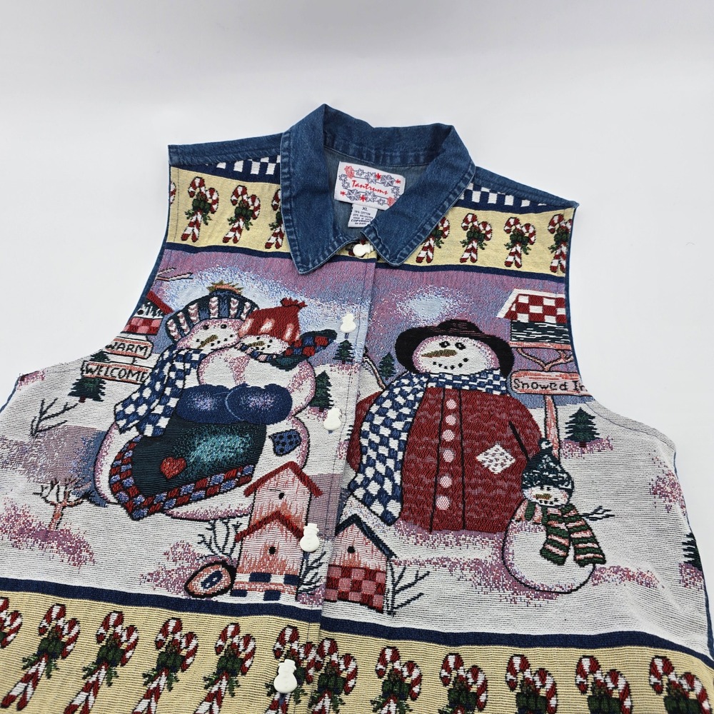 Tantrums Tapestry Vest Womens Vintage Snowman Christmas Denim Blue XL